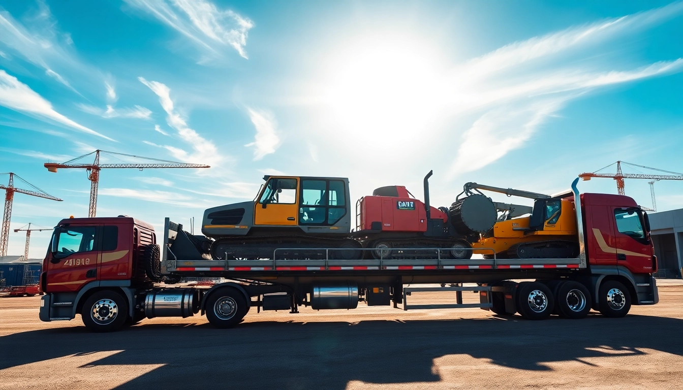 Heavy equipment transport truck securely carrying machinery at a construction site.