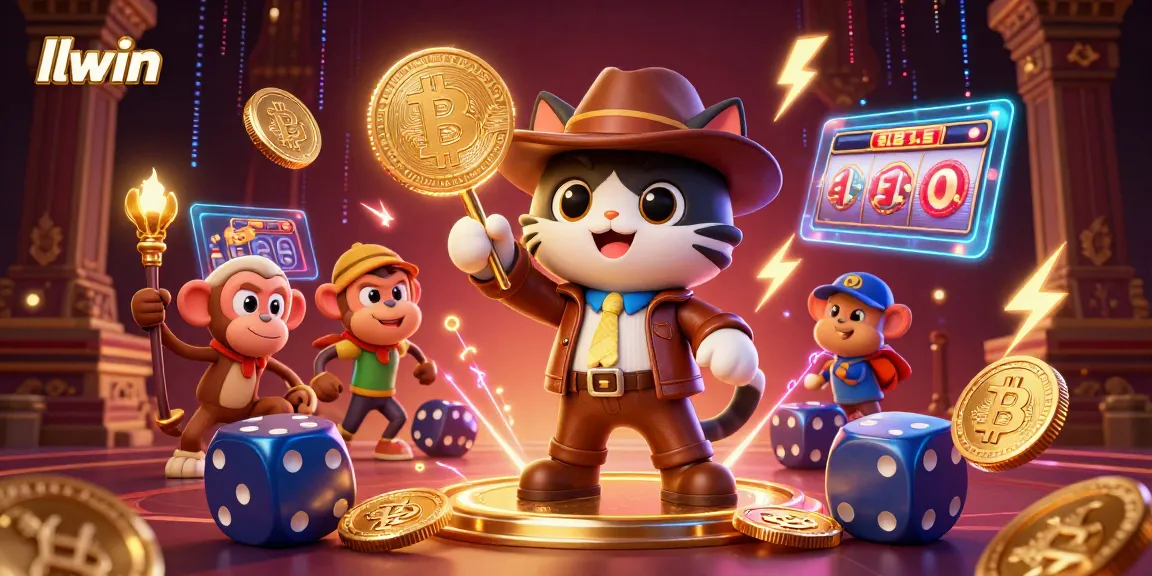 Experience thrilling gaming at llwin with a vibrant illustration capturing a cat explorer discovering casino treasures.