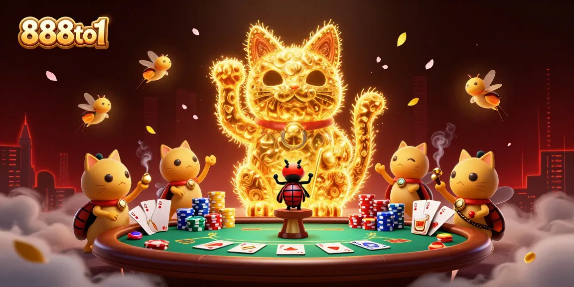 Experience the thrill of gaming at 888to1 with a vibrant lucky cat illustration and casino elements.