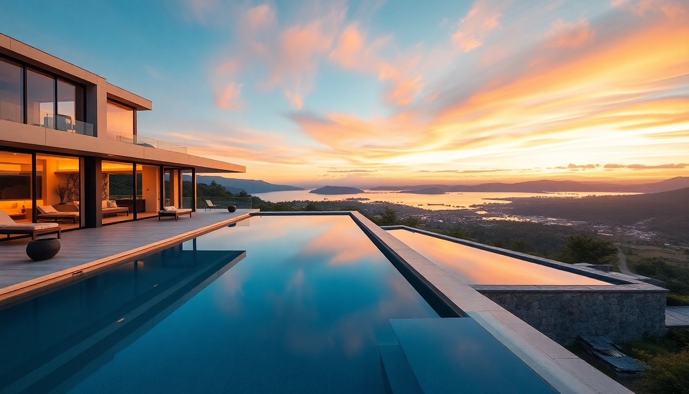 Stunning luxury home overlooking a picturesque sunset, showcasing modern design elements.