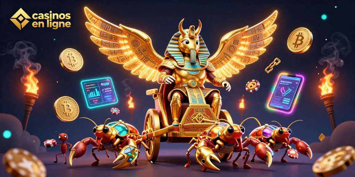 Jouez aux casinos en ligne avec une illustration de scarabée doré et des éléments de jeu captivants.