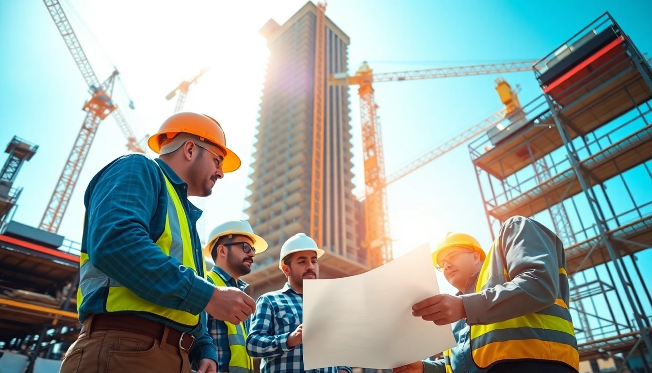 Construction in USA workers reviewing blueprints at a bustling construction site.