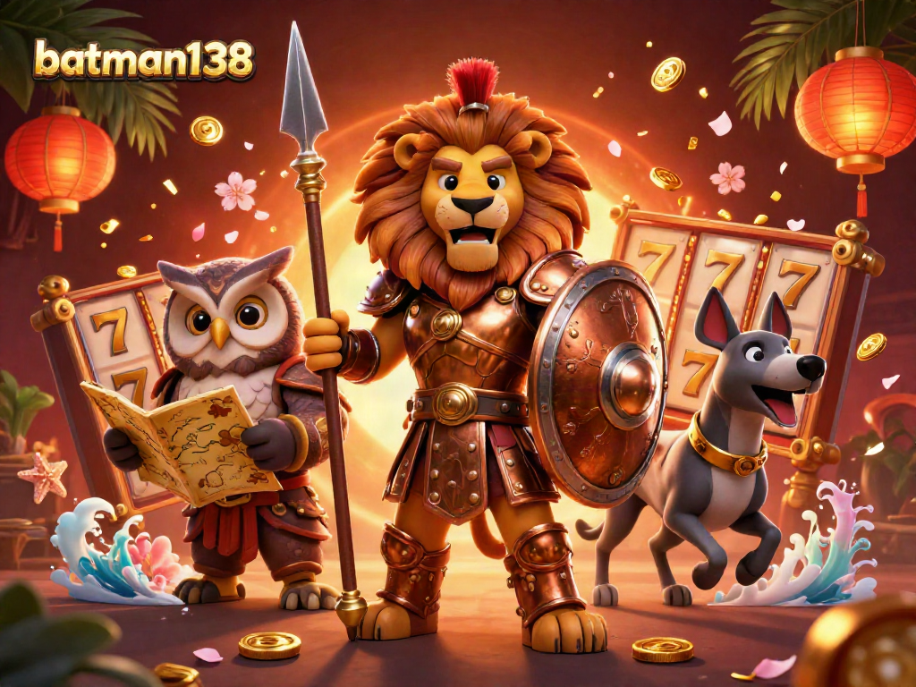 Experience excitement with batman138 as a Spartan lion, owl strategist, and greyhound messenger celebrate wins in a vibrant casino