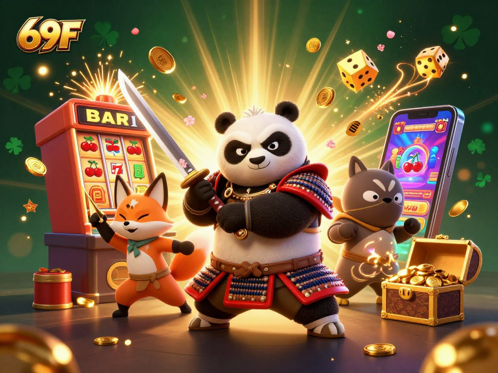 O 69F traz sorte com o panda samurai, a raposa ninja e um tanuki mágico em uma cena de cassino vibrante.