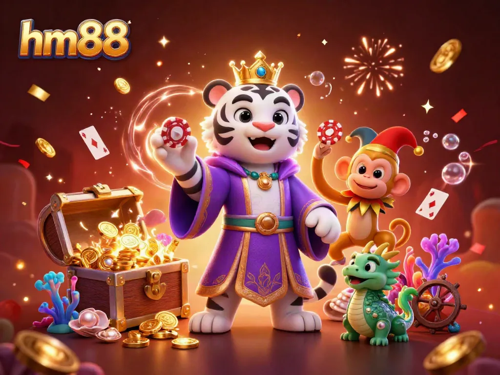 Experience the excitement of hm88 with a vibrant 3D illustration of a tiger, monkey, and dragon amidst dazzling casino elements.