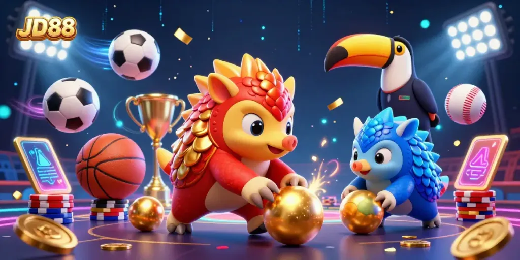 JD88 delivers an engaging casino experience as rival pangolins compete amid dynamic gaming elements.