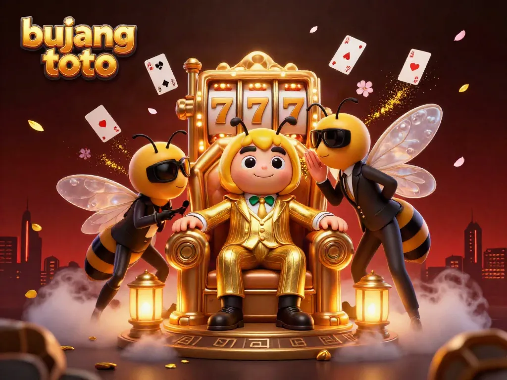 Bujang toto themed illustration featuring a cartoon bumblebee mob boss in a casino setting, surrounded by slot reels and dynamic gaming elements.