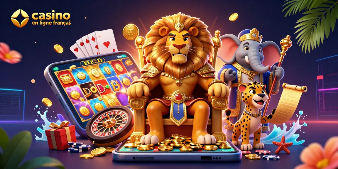 Illustration vibrante de casino en ligne français avec un lion roi et des éléments de jeu colorés.