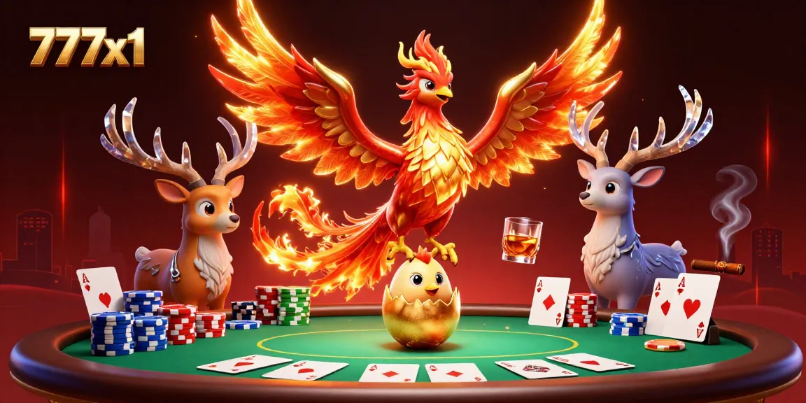 Win big at 777x1 with poker action featuring Phoenix and Stag characters.