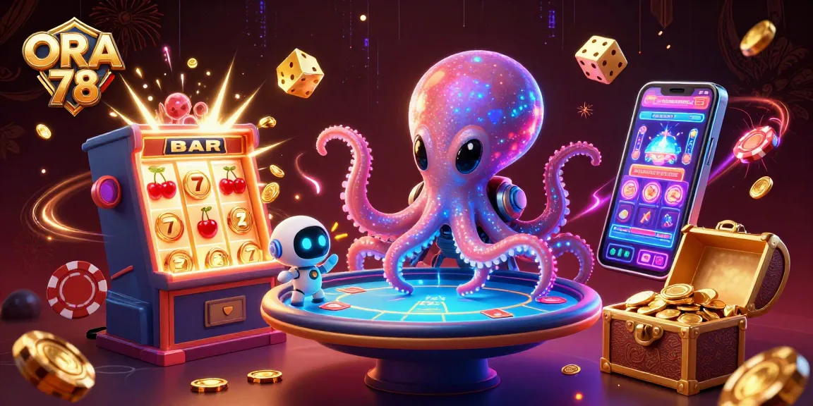 ORA 78 menampilkan alien gurita bermain poker dengan robot sembari mengelilingi chip asteroid menggunakan suasana kasino yang ceria.