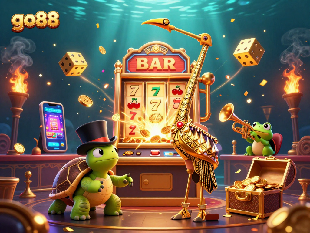 Experience go88's vibrant casino scene with dynamic characters and exciting game symbols.