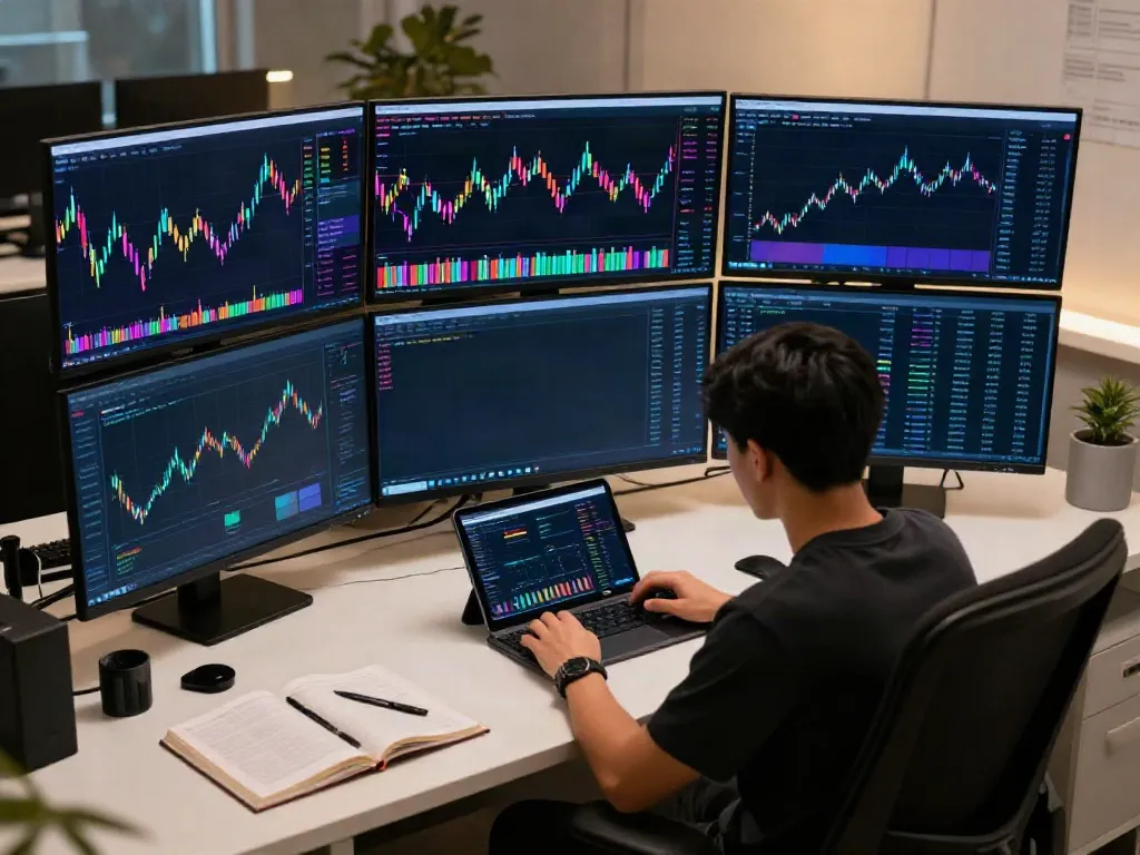 India stock market API integration in a professional cryptocurrency trading setup with multiple monitors displaying price charts and data analytics.