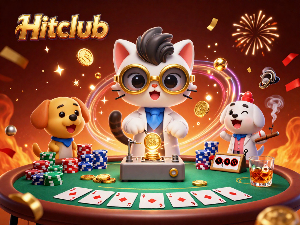 Hitclub showcases a vibrant scene with a mad scientist cat and dog amidst poker excitement.