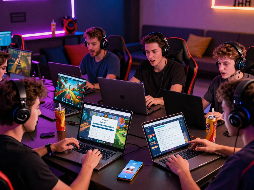 Players accessing RAJAGACOR88 services on various devices in an energetic gaming atmosphere.