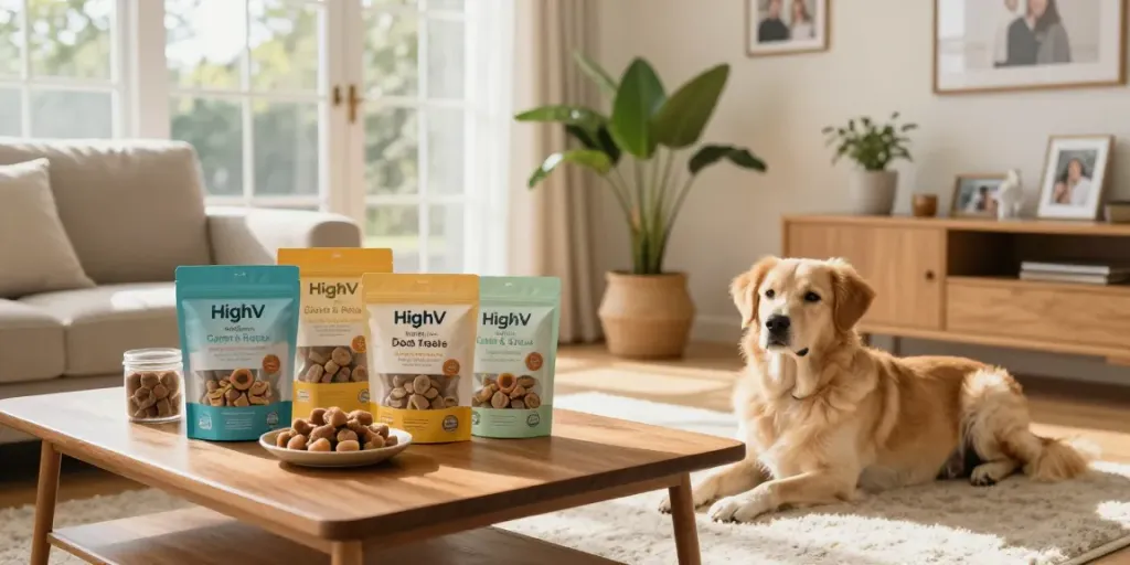 Calming Dog Treats on a coffee table with a relaxed dog in a cozy living room.