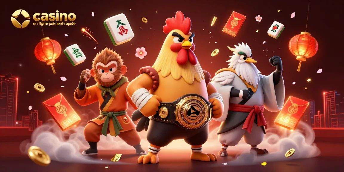 Casino en ligne paiement rapide, recevez vos gains instantanément avec des personnages de combat et des éléments festifs.