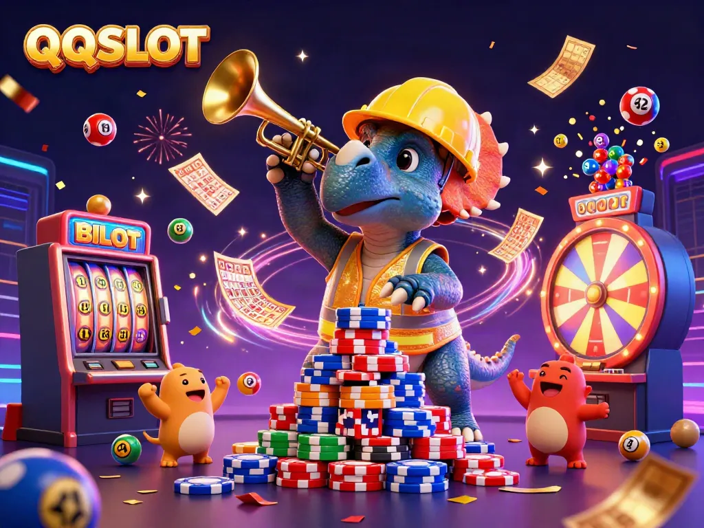 Experience thrilling moments with QQSLOT as colorful slot machines and cheerful characters celebrate in an energetic casino scene.