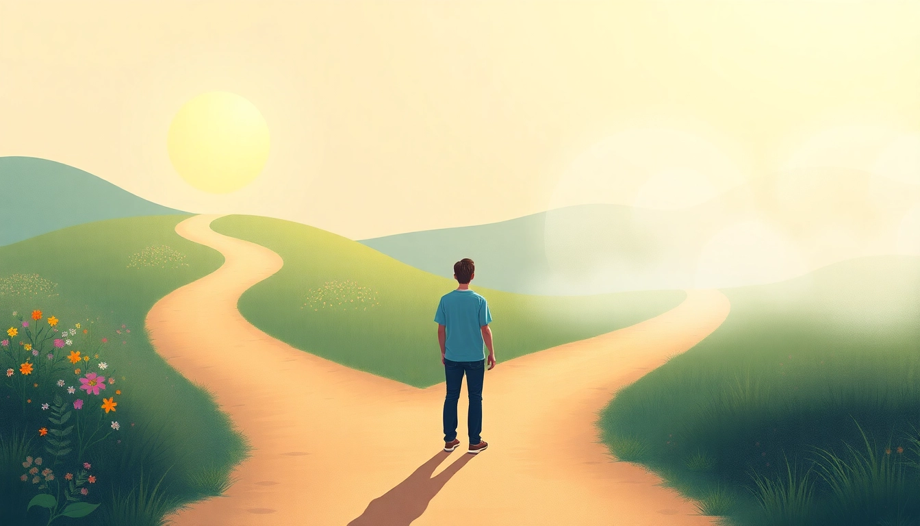 Person at a crossroads representing the journey to Find my true Calling amidst vibrant paths.